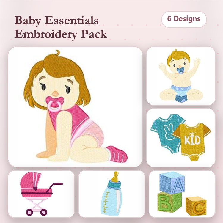 Baby Essentials Embroidery Designs Bundle – Baby with Pacifier, Baby in Diaper, Baby Stroller & More (6 Designs)