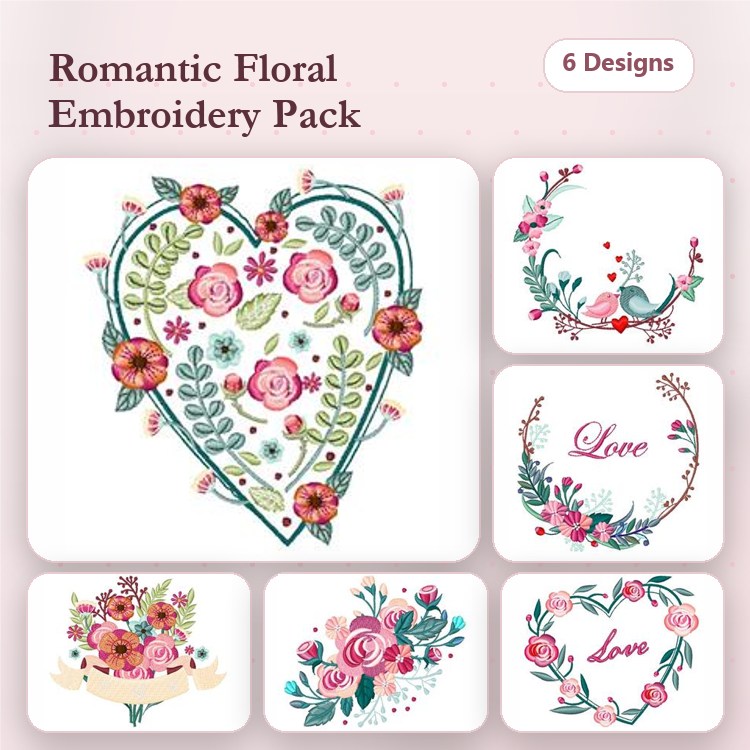 Romantic Floral Embroidery Designs Bundle – Floral Heart, Wreath with Love, Bouquet & More (6 Designs)