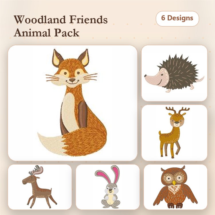 Woodland Animal Friends Embroidery Bundle – Fox, Hedgehog, Deer, & More (6 Designs)