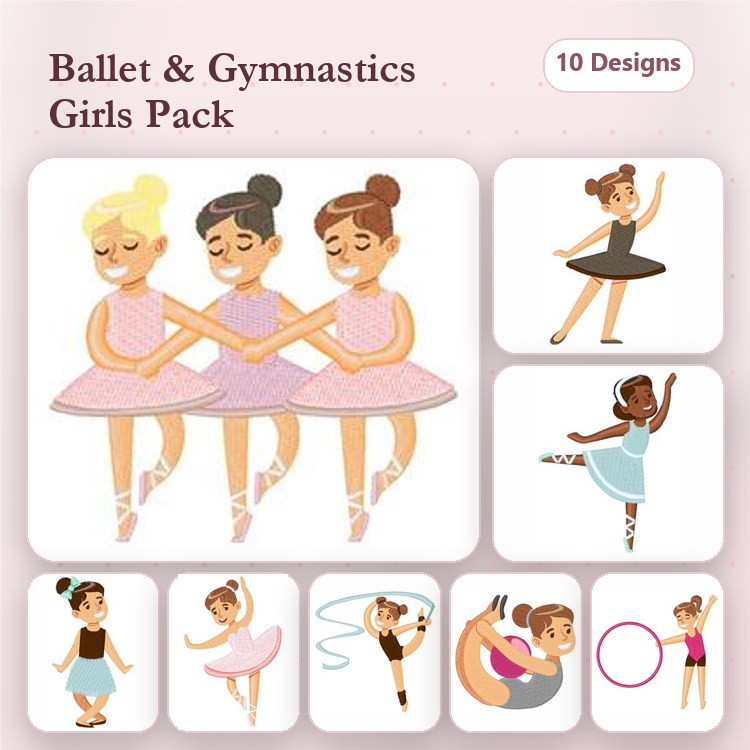 Ballet & Gymnast Girls Embroidery Designs Bundle – Ballet Dancer with Pink Tutu, Gymnast Performing Routine & More (10 Designs)