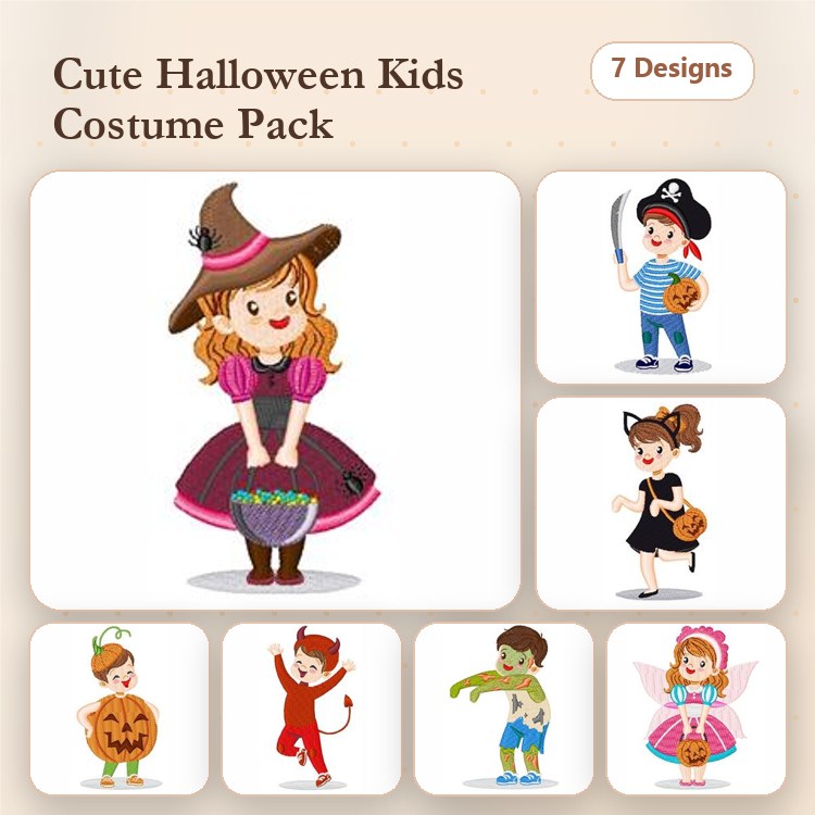 Halloween Kids Costumes Embroidery Bundle – Witch Kid, Pirate Kid, Pumpkin Kid & More (7 Designs)