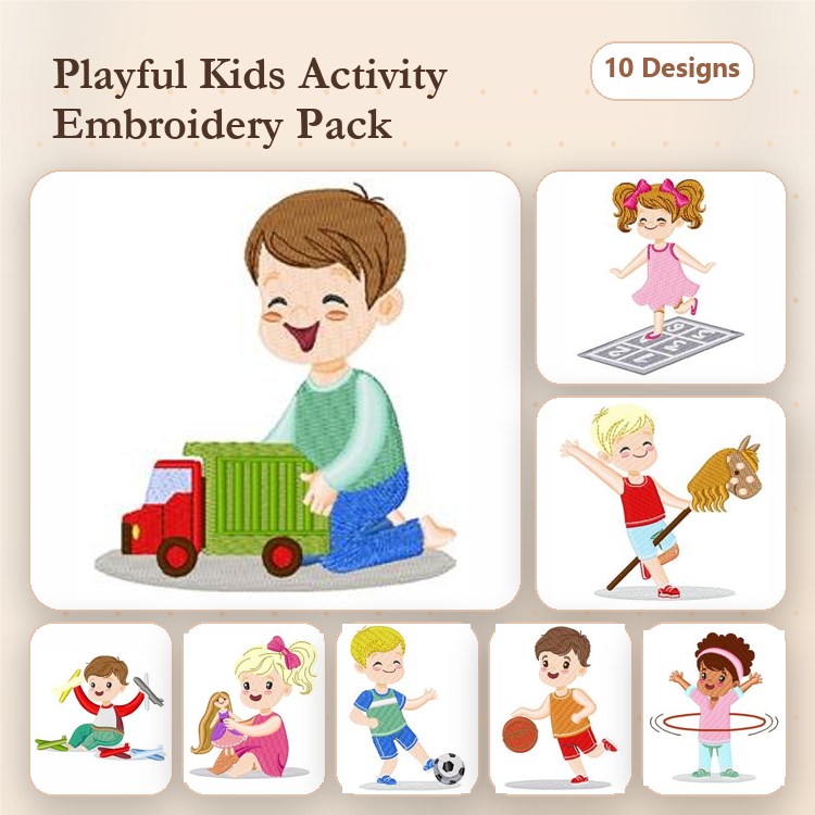 Playful Kids Activities Embroidery Designs Bundle – Boy Playing with Truck, Girl Jumping on a Mat, Boy Playing Soccer & More (10 Designs)