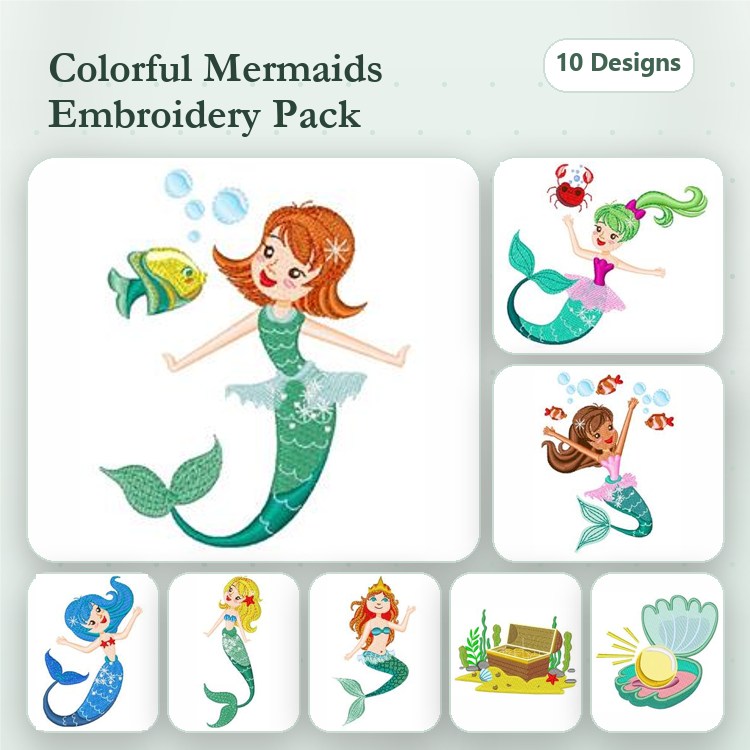 Colorful Mermaids Embroidery Designs Bundle – Mermaid with Fish, Mermaid with Red Hair, Treasure Chest & More (10 Designs)