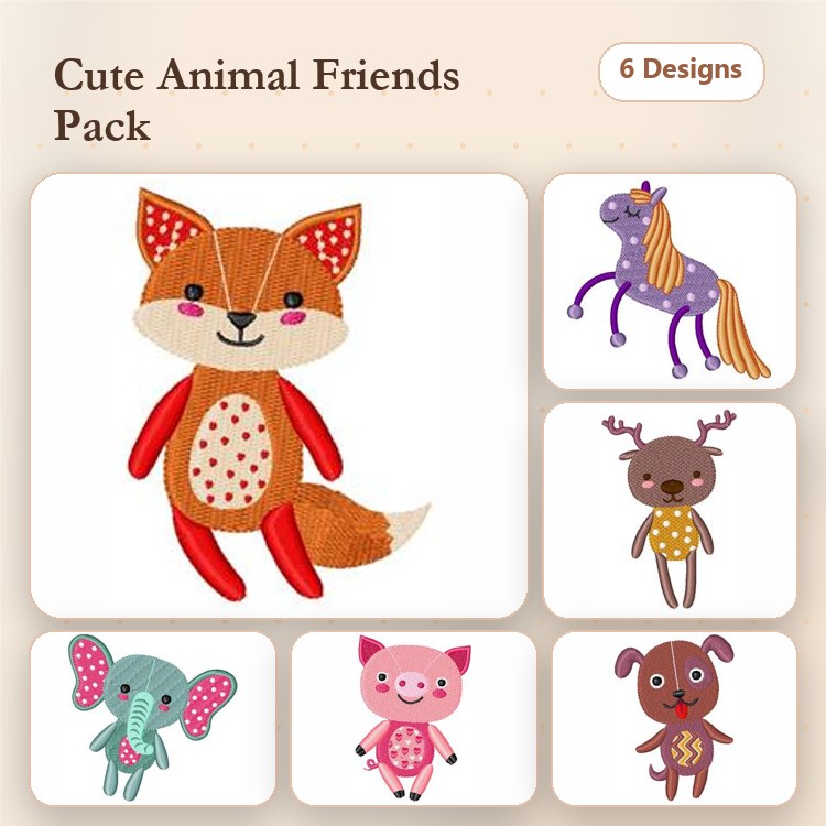 Fox, Unicorn & Elephant Embroidery Bundle – Fun Animal Designs (6 Designs)