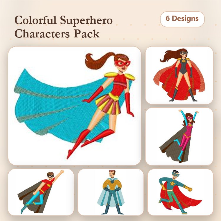 Superhero Characters Embroidery Designs Bundle – Female Superhero with Cape, Male Superhero with Cape & More (6 Designs)