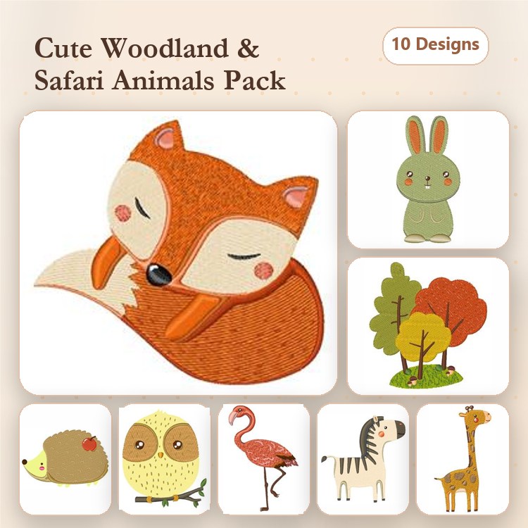Applique Woodland and Safari Animals Embroidery Bundle – Sleeping Fox, Bunny, Owl, Zebra & More (10 Designs)