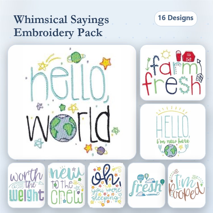 Whimsical Sayings Embroidery Designs Bundle – Hello World, Farm Fresh, I'm Hooked & More (16 Designs)