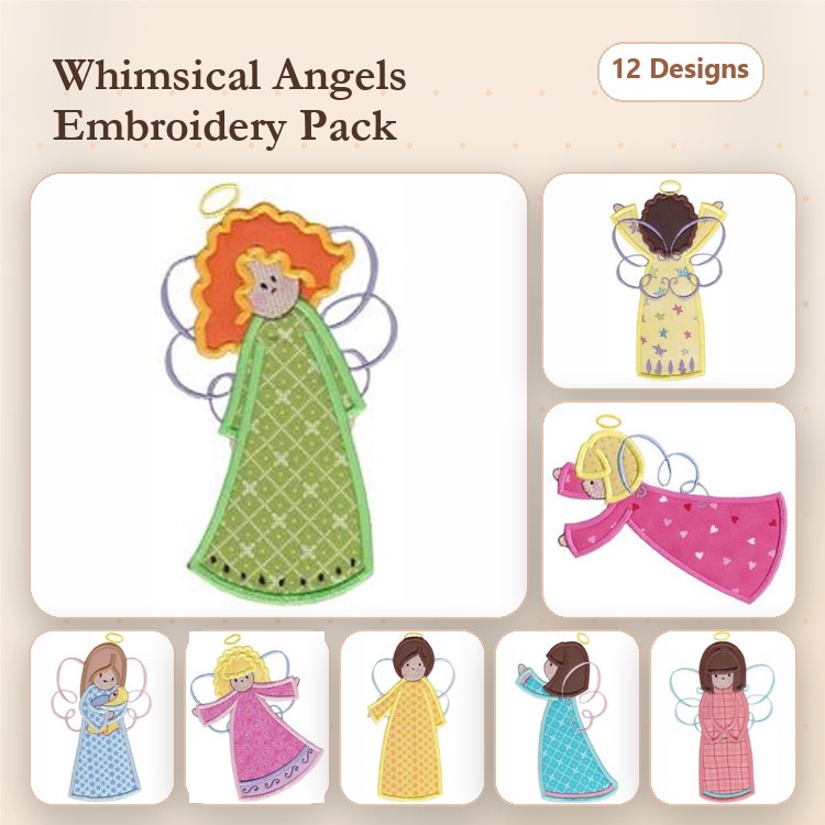 Applique Whimsical Angels Embroidery Designs Bundle – Angel with Red Hair, Yellow Dress, Pink Dress & More (12 Designs)