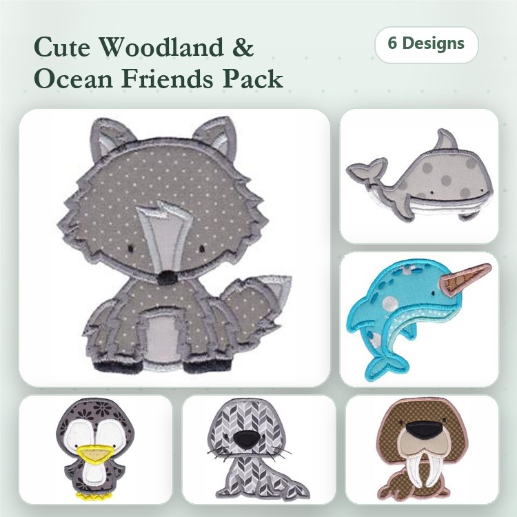 Wolf, Whale & Narwhal Embroidery Bundle – Cute Sea Creatures (6 Designs)