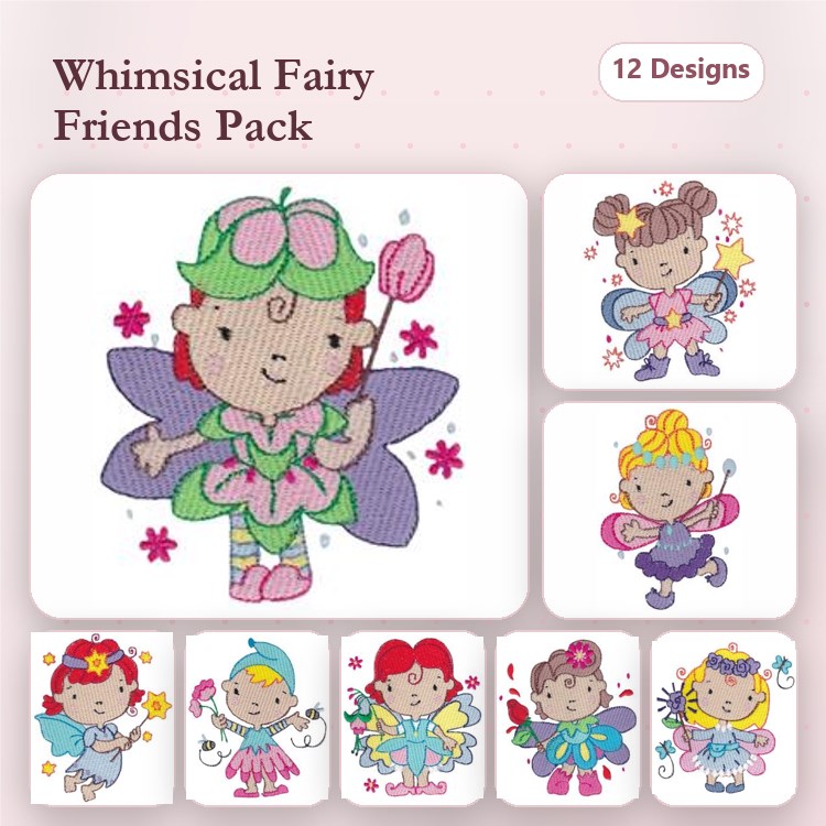 Fairy Characters Embroidery Bundle – Fairy with Flower Staff, Fairy with Butterfly Wings, Flower Fairy & More (12 Designs)