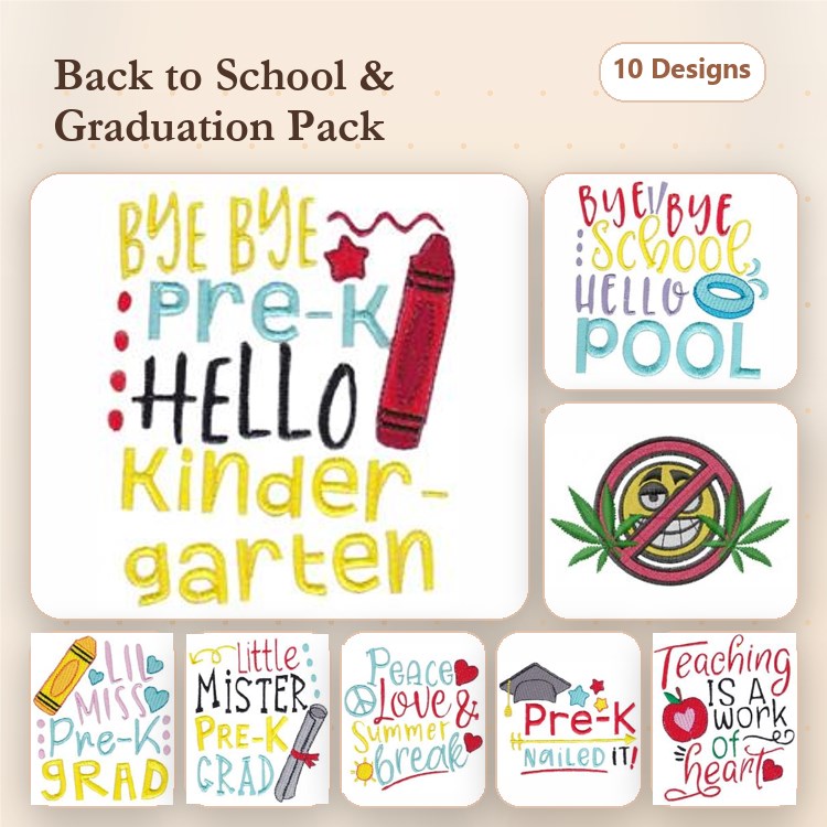 Back to School and Graduation Embroidery Designs Bundle – Bye Bye Pre-K, Hello Kindergarten, Little Miss Pre-K Grad & More (10 Designs)