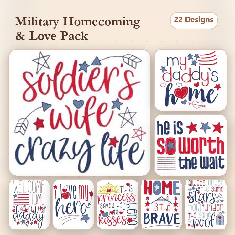 Military Homecoming and Love Embroidery Designs Bundle – Soldier's Wife, My Daddy's Home, I Love My Hero & More (22 Designs)
