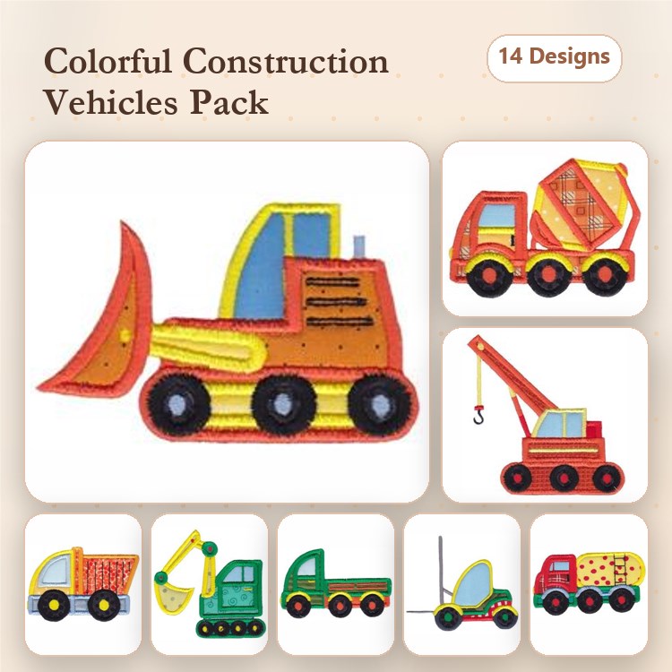Applique Construction Vehicles Embroidery Bundle – Bulldozer, Dump Truck, Crane, Excavator & More (14 Designs)