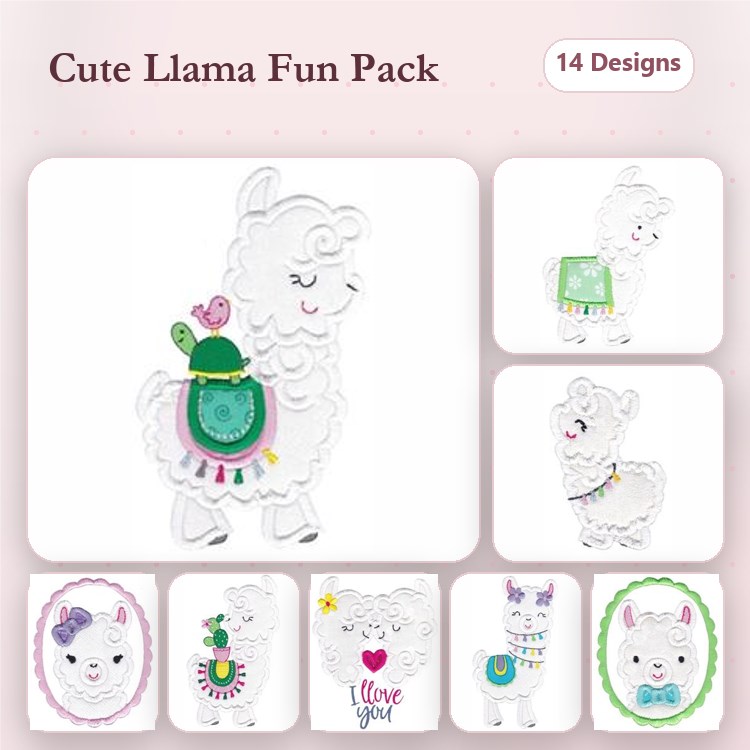 Applique Llama Themed Embroidery Designs Bundle – Llama with Backpack, Cute Llama with Hearts & More (14 Designs)