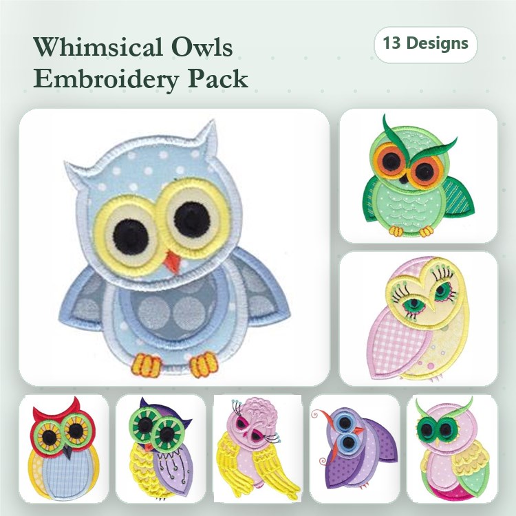 Applique Whimsical Owls Embroidery Bundle – Blue Owl, Green Owl, Pink Owl & More (13 Designs)
