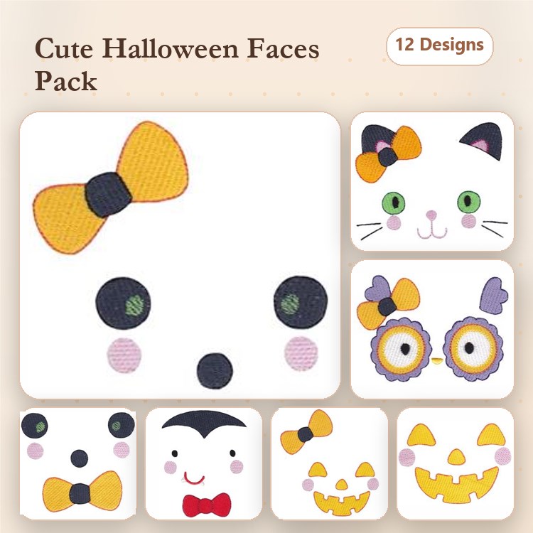 Halloween Faces Embroidery Designs Bundle – Pumpkin Face, Ghost Face, Cat Face with Bow & More (12 Designs)