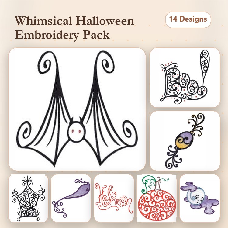 Whimsical Halloween Embroidery Designs Bundle – Whimsical Bat, Spooky Pumpkin, Witch Hat & More (14 Designs)