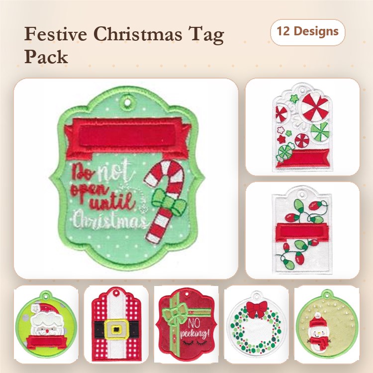 ITH Christmas Gift Tags Embroidery Designs Bundle – Candy Cane, Santa, Mistletoe & More (12 Designs)