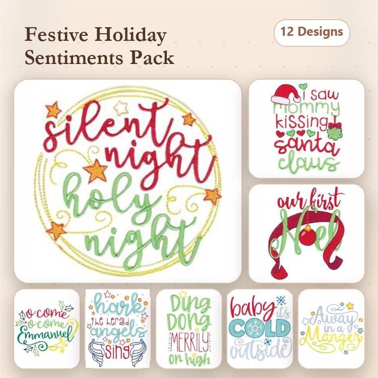 Holiday Sentiment Embroidery Designs Bundle – Silent Night, Hark the Herald Angels Sing, & More (12 Designs)