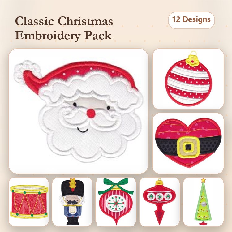 Applique Christmas Embroidery Designs Bundle – Santa Face, Christmas Ornament, Heart with Belt & More (12 Designs)
