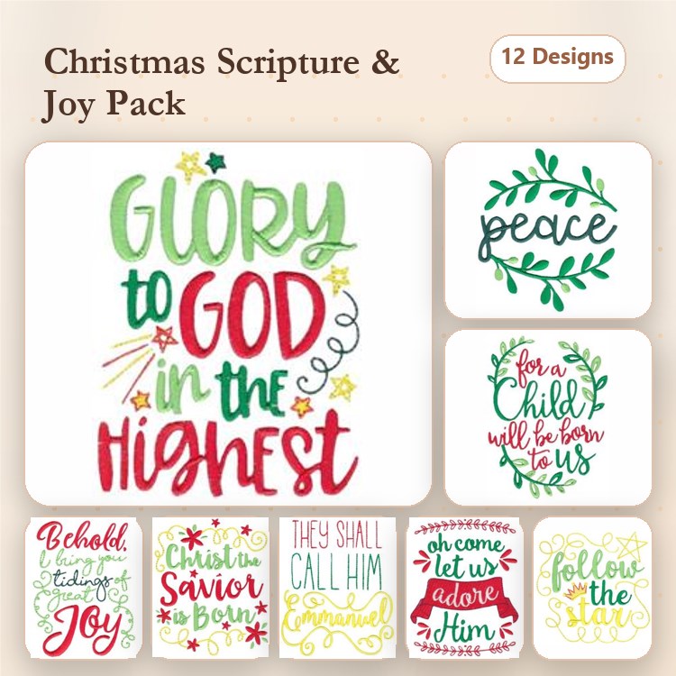 Christmas Scripture & Joy Embroidery Designs Bundle – Glory to God, Come Let Us Adore Him, & More (12 Designs)