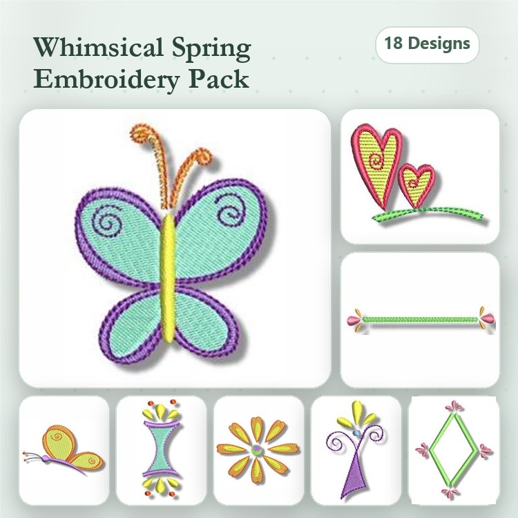 Whimsical Spring Embroidery Designs Bundle – Butterfly, Hearts, Flower & More (18 Designs)