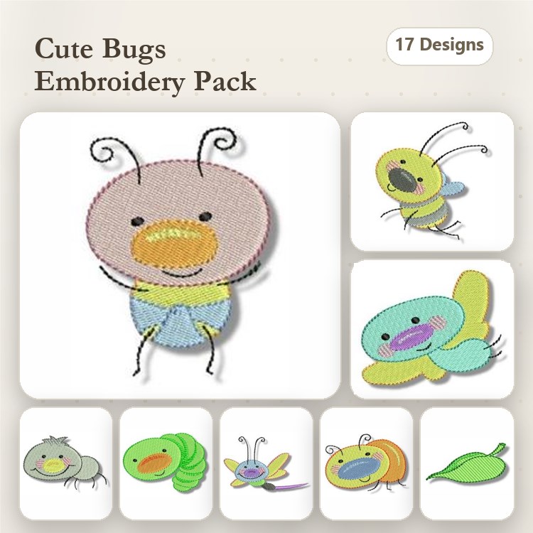 Cute Bugs Embroidery Designs Bundle – Cute Bug with Antennae, Bee with Wings, Fluttering Bug & More (17 Designs)
