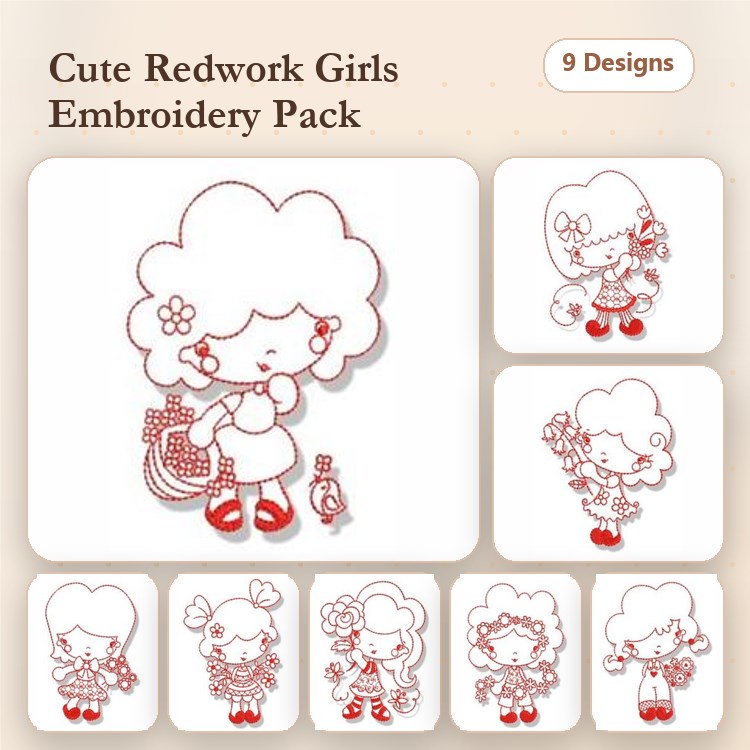 Redwork Cute Girls Embroidery Designs Bundle – Girl with Basket, Girl with Purse, & More (9 Designs)