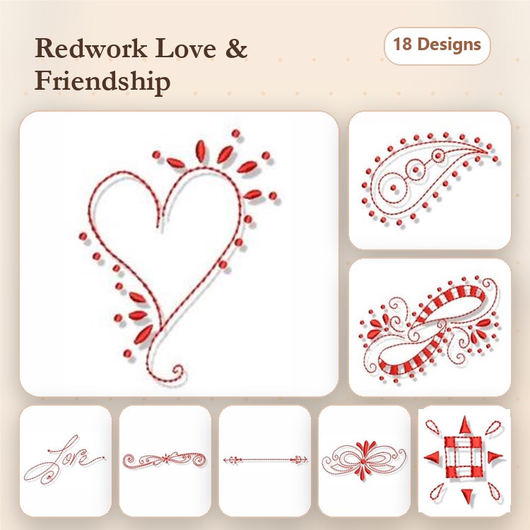 Redwork Love & Friendship Embroidery Designs Bundle – Heart Design, Ornamental Paisley, Decorative Frame & More (18 Designs)