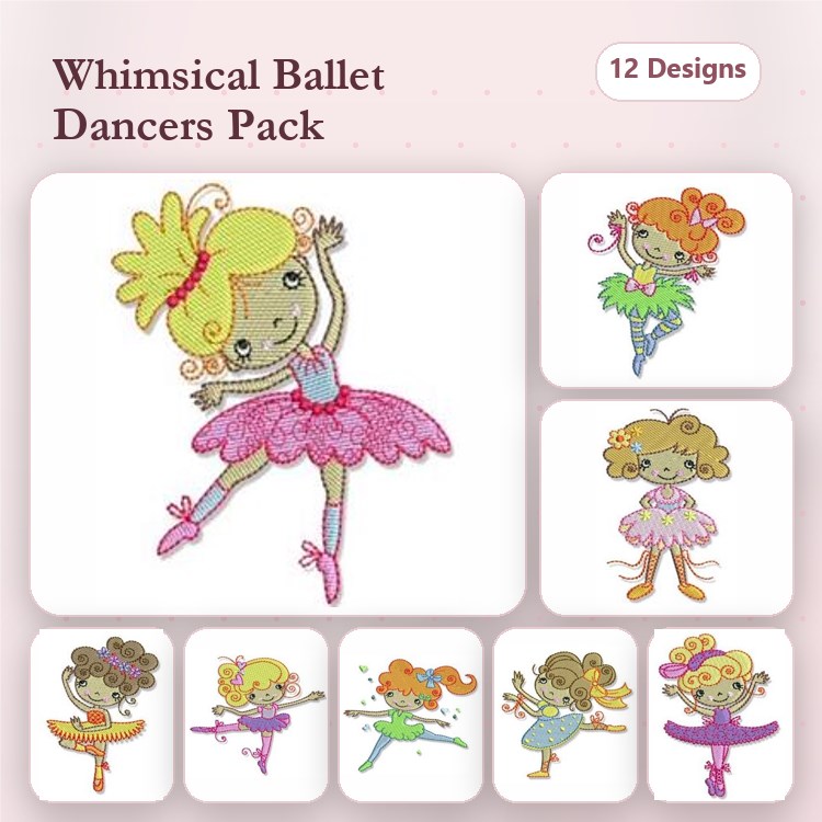 Ballet Dancer Embroidery Designs Bundle – Pink Tutu, Green Tutu, Jumping & More (12 Designs)
