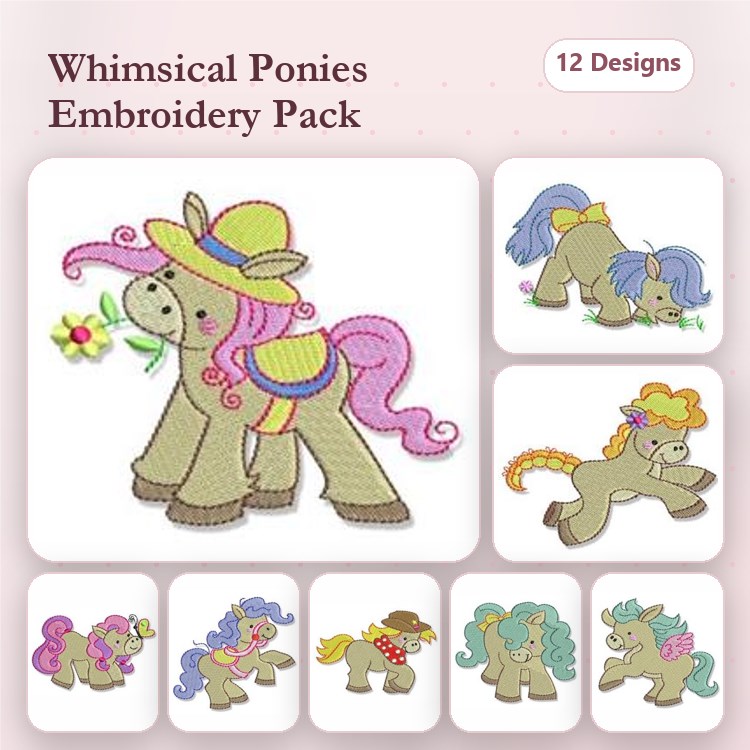 Pony Embroidery Designs Bundle – Pony with Flower, Pony with Hat, Pony Eating Grass & More (12 Designs)