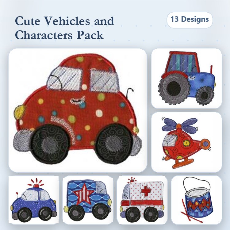 Applique Cute Vehicles Embroidery Designs Bundle – Red Polka Dot Car, Tractor, Helicopter & More (13 Designs)