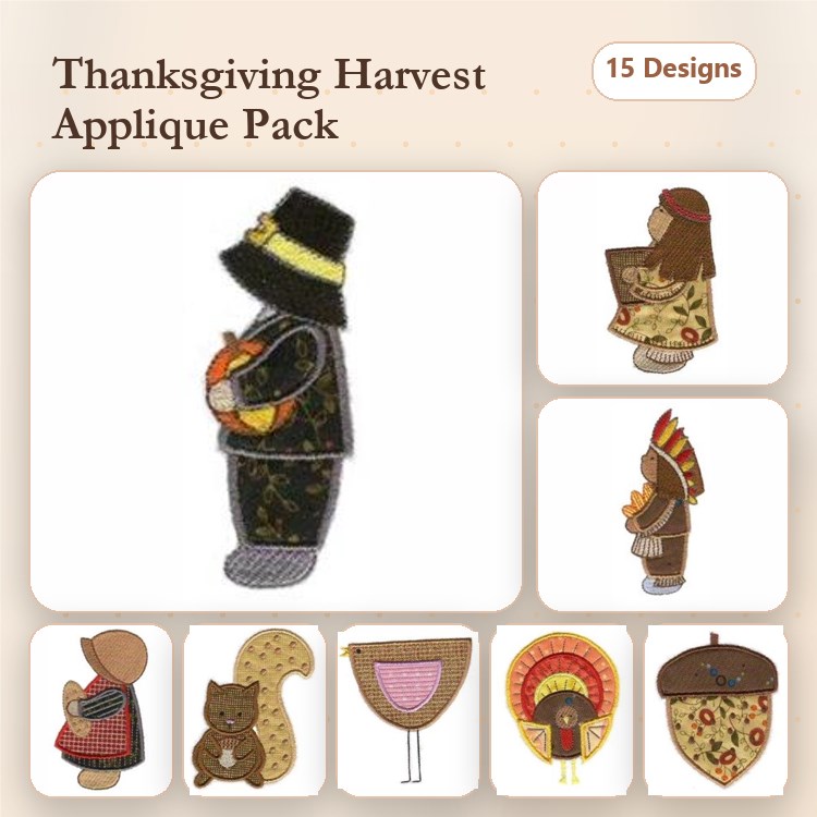 Applique Thanksgiving Harvest Embroidery Bundle – Pilgrim with Pumpkin, Turkey with Indian Headband, Squirrel with Acorn & More (15 Designs)