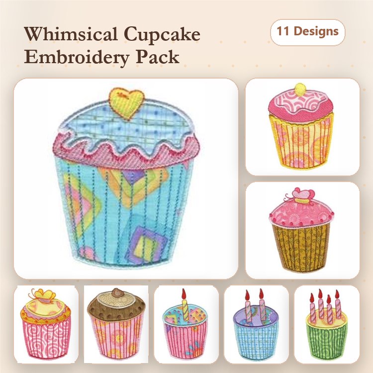 Applique Colorful Cupcakes Embroidery Designs Bundle – Cupcake with Heart, Birthday Cupcake with Candles, & More (11 Designs)