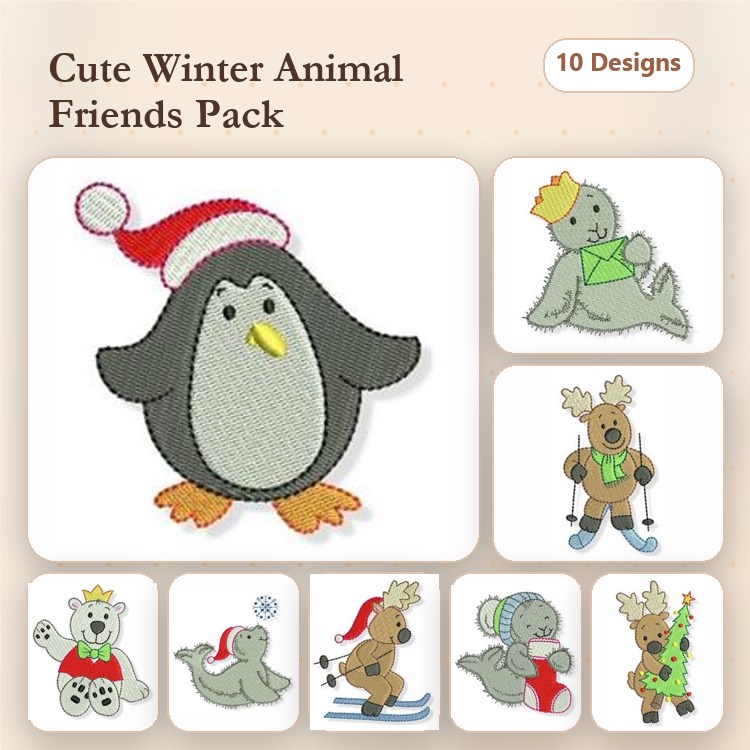 Winter Animal Friends Embroidery Designs Bundle – Penguin with Santa Hat, Seal with Crown, Moose with Scarf & More (10 Designs)