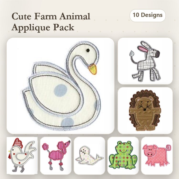 Animal Embroidery Bundle – Cute Farm & Pond Characters (10 Designs)