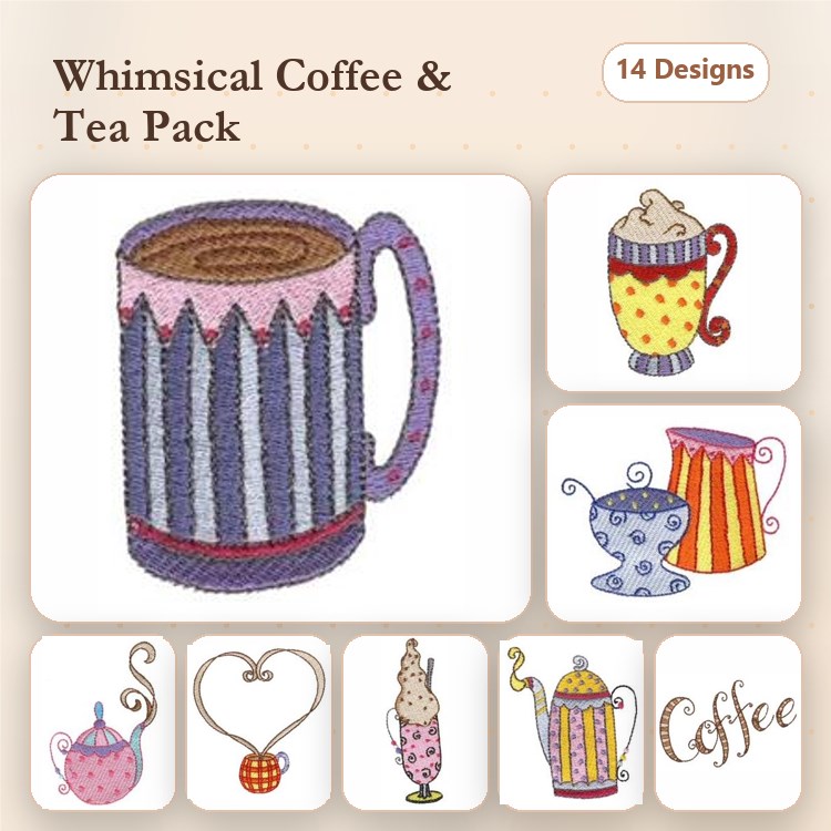 Coffee & Tea Embroidery Designs Bundle – Striped Coffee Mug, Polka Dot Coffee Mug, Whimsical Teapot & More (14 Designs)