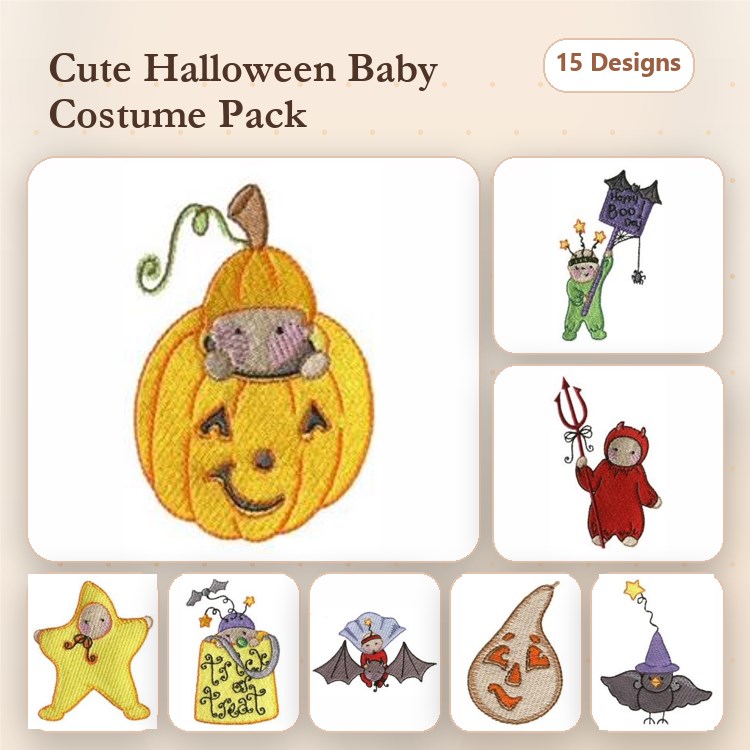 Halloween Baby Costumes Embroidery Designs Bundle – Pumpkin Baby, Devil Baby, Ghost Baby & More (15 Designs)