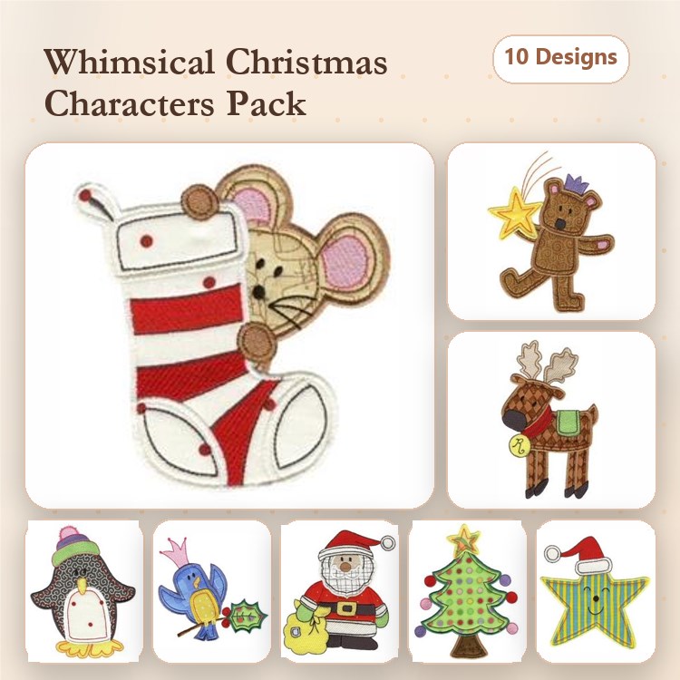 Christmas Characters Embroidery Designs Bundle – Mouse in Stocking, Teddy Bear, Reindeer, Santa Claus & More (10 Designs)