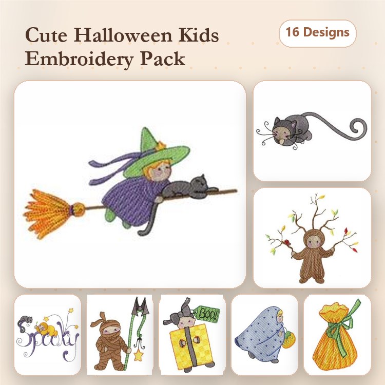 Cute Halloween Characters Embroidery Designs Bundle – Witch on Broomstick, Black Cat, Tree Monster & More (16 Designs)