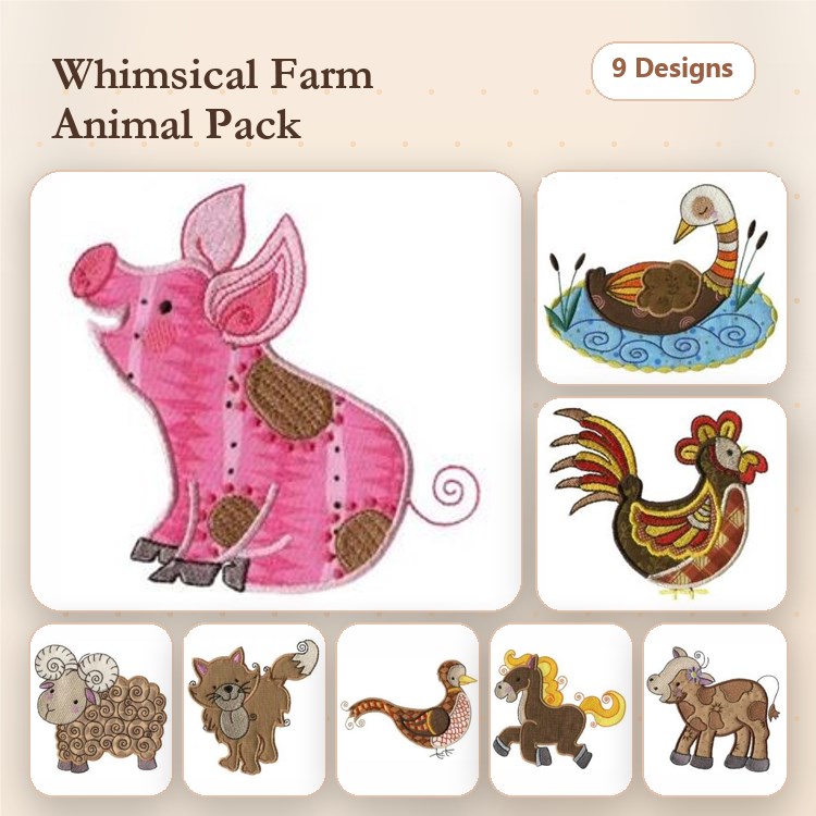 Applique Farm Animal Embroidery Bundle – Pig, Duck with Swirl, Rooster & More (9 Designs)