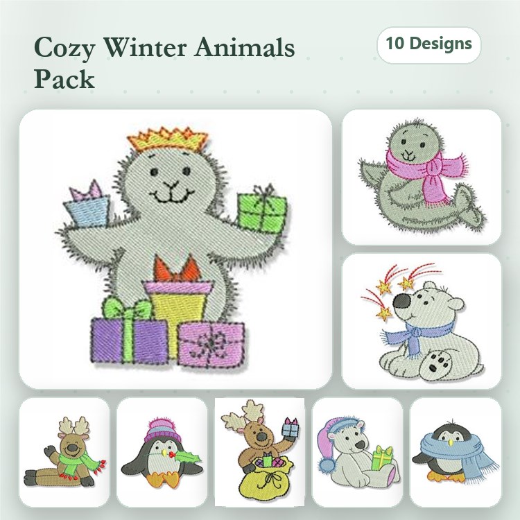 Cozy Winter Animals Embroidery Designs Bundle – Seal with Gifts, Polar Bear with Scarf, Penguin with Presents & More (10 Designs)