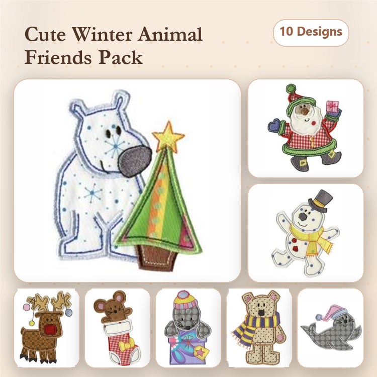 Cute Winter Animals Embroidery Bundle – Polar Bear & Christmas Tree, Snowman in Hat, Reindeer & More (10 Designs)