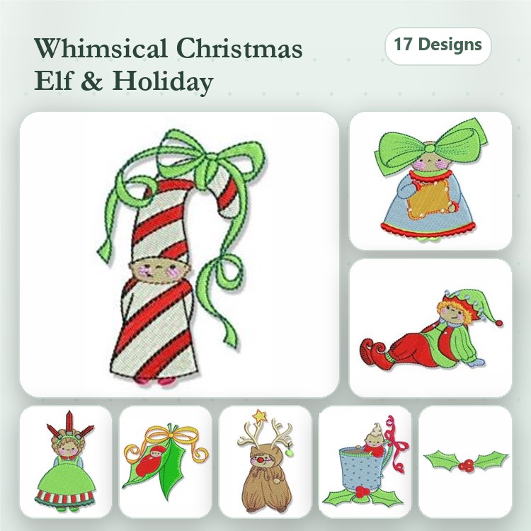 Christmas Elf Embroidery Designs Bundle – Holiday Elf, Candy Cane, Reindeer & More (17 Designs)