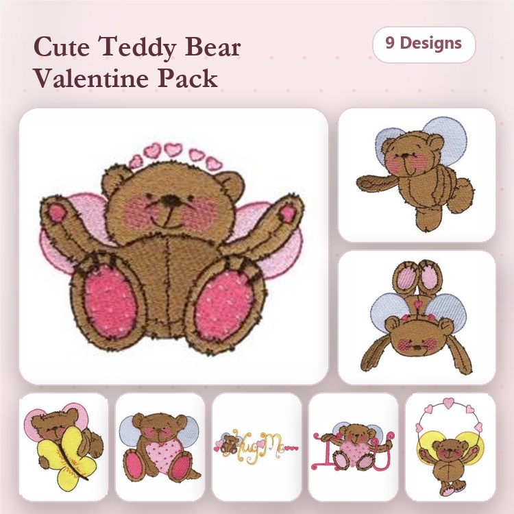 Cute Teddy Bears Embroidery Designs Bundle – Teddy Bear with Hearts, Wings, Flowers & More (9 Designs)