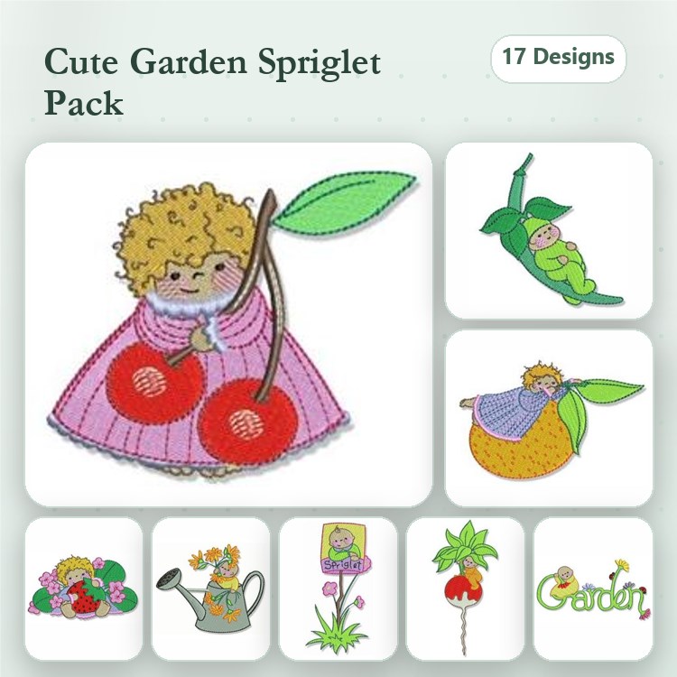 Garden-Themed Characters Embroidery Designs Bundle – Girl with Cherries, Pea Pod Girl, Watering Can & More (17 Designs)
