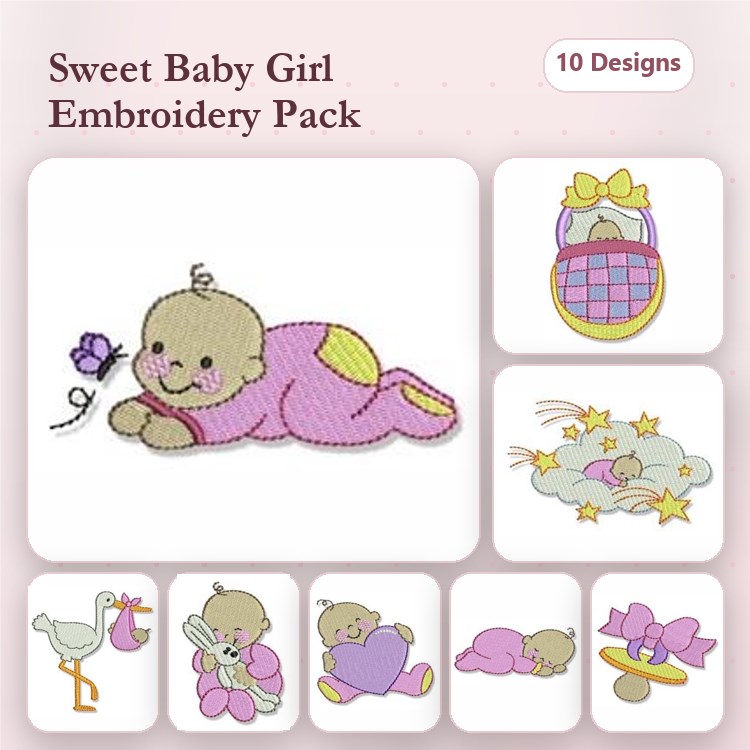 Sweet Baby Girl Embroidery Bundle – Baby Girl with Flower, Sleeping Baby in Cradle, Stork with Baby & More (10 Designs)