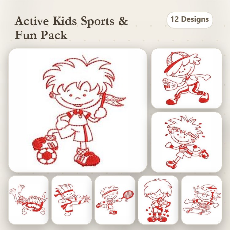 Redwork Sports Embroidery Designs Bundle – Boy Playing Soccer, Boy Dribbling Basketball, Boy Riding Bike & More (12 Designs)