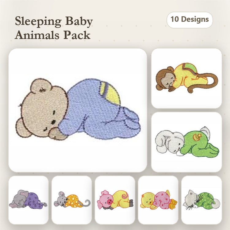 Sleeping Animal Embroidery Bundle – Cute Baby Designs (10 Designs)