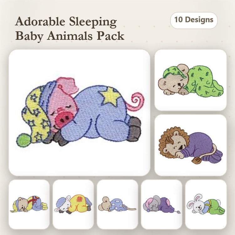 Sleeping Animal Embroidery Bundle – Cute Designs (10 Designs)